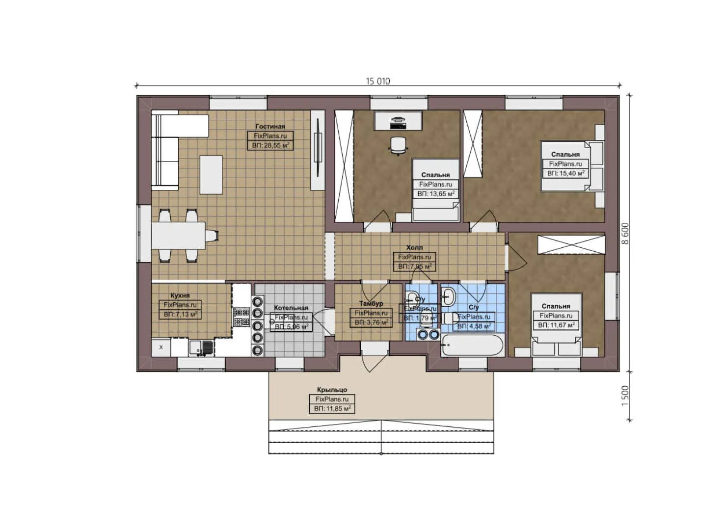 F-3437 - План одноэтажного дома 9 на 16, площадью 120 м² с 3 спальнями