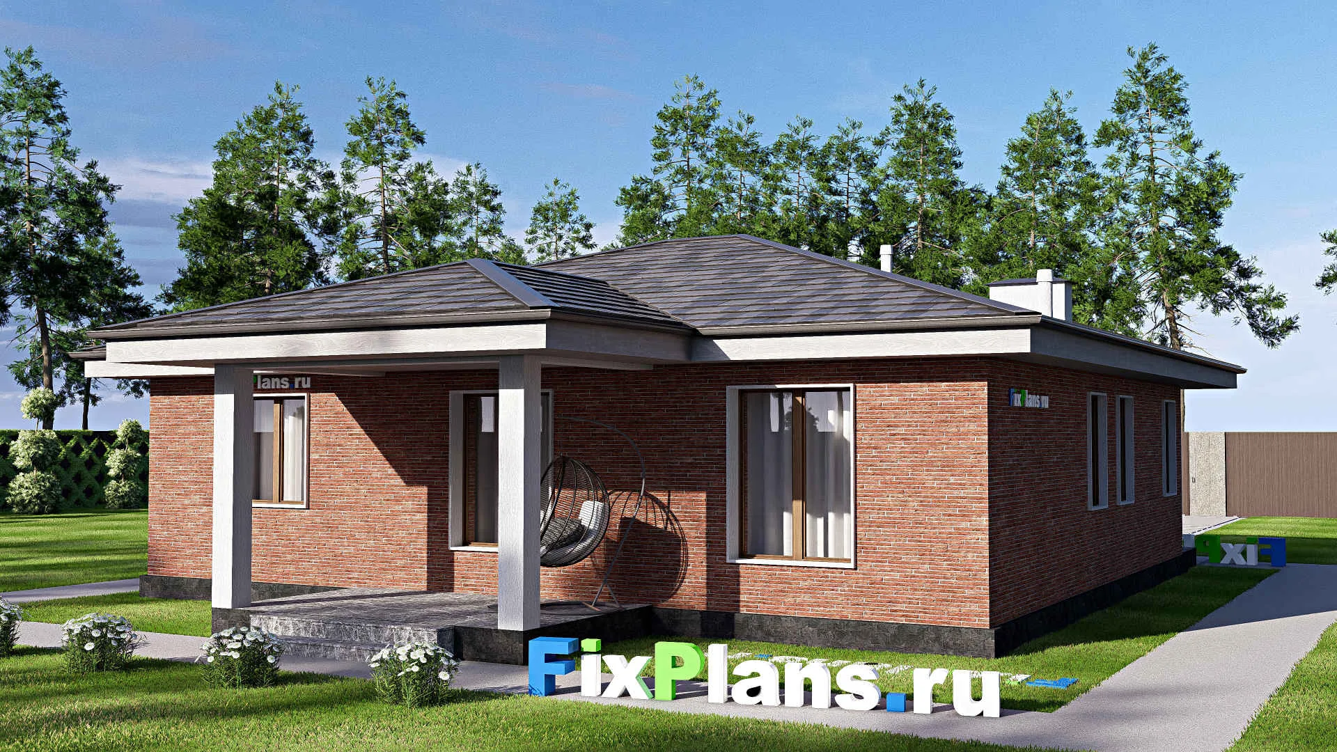 F-20348 - Проект одноэтажного дома 12 на 15, площадью 120 м² с террасой и 3 спальнями