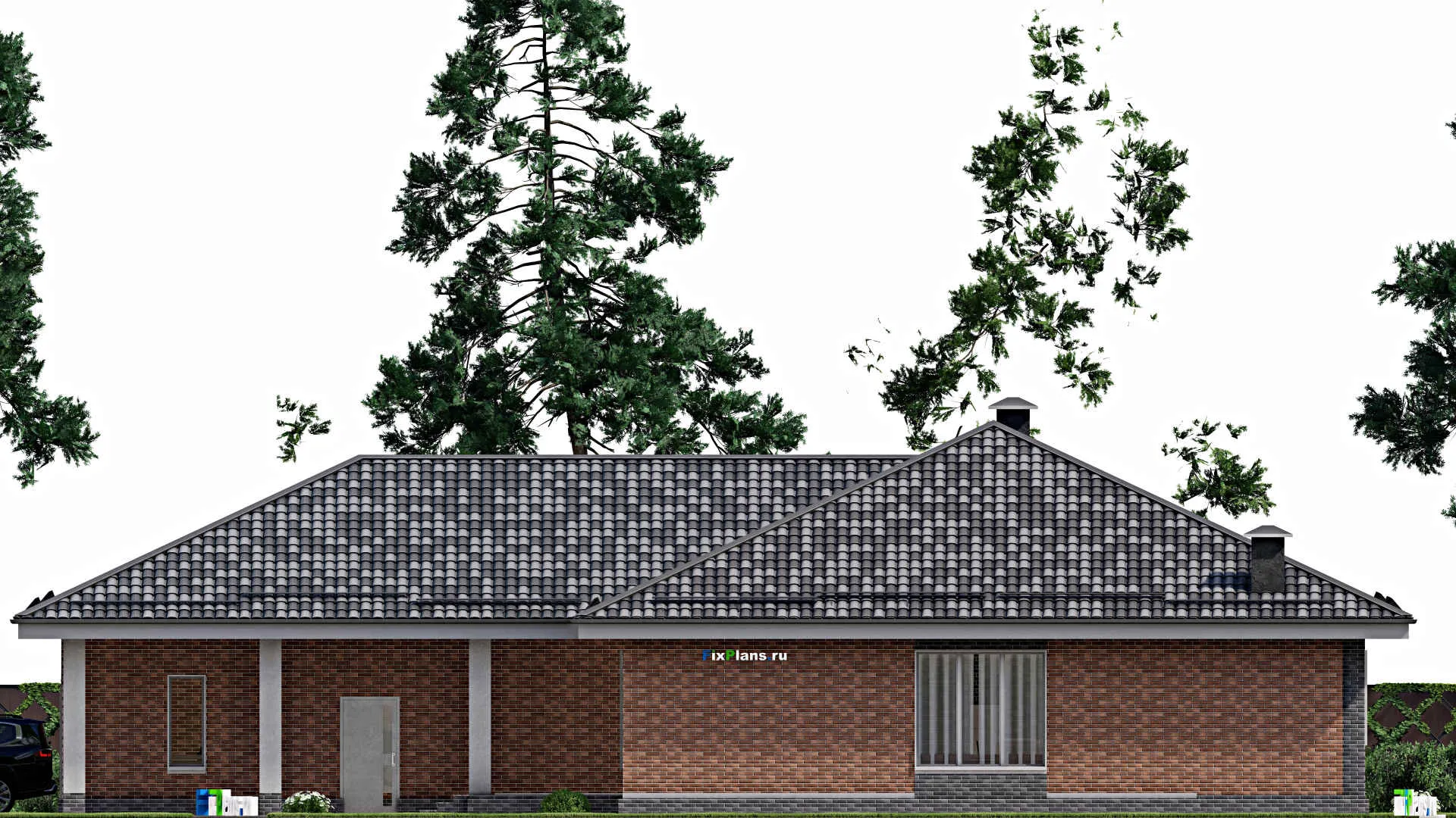 F-5849 - Проект одноэтажного дома 16 на 24, площадью 250 м² с террасой, гаражом на 2 машины и 3 спальнями