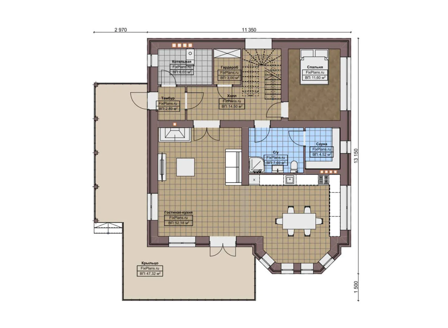 F-6074 - Планы дома с мансардой 12 на 14, площадью 240 м² с баней и 4 спальнями