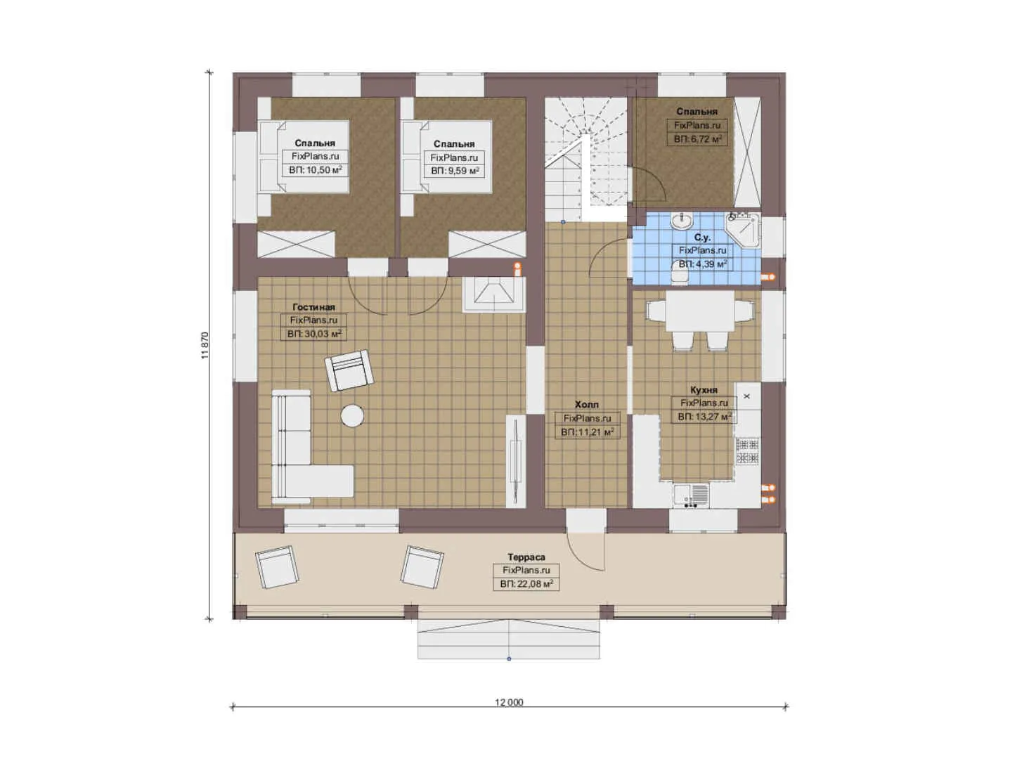 F-19862 - Планы дома с мансардой 12 на 12, площадью 200 м² с террасой и 6 спальнями
