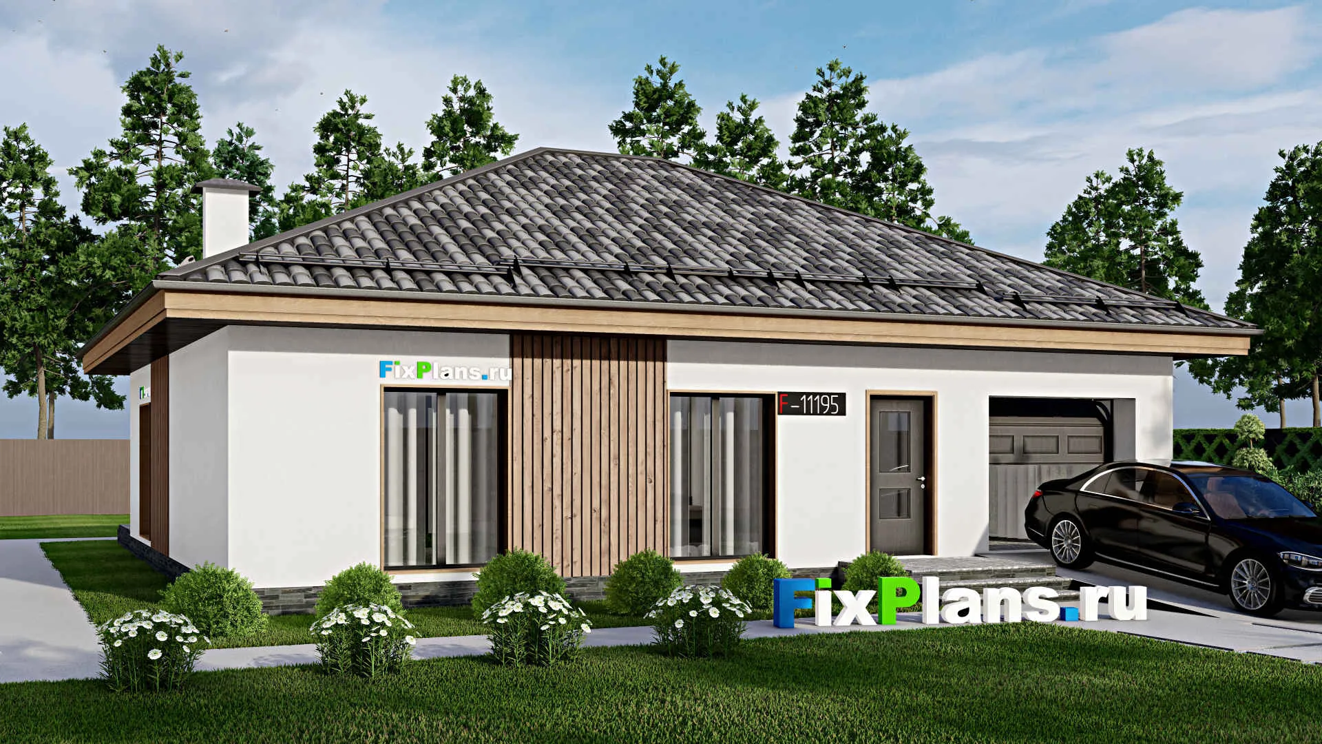 F-11195 - Проект одноэтажного дома 13 на 16, площадью 140 м² с террасой, гаражом на 1 машину и 3 спальнями