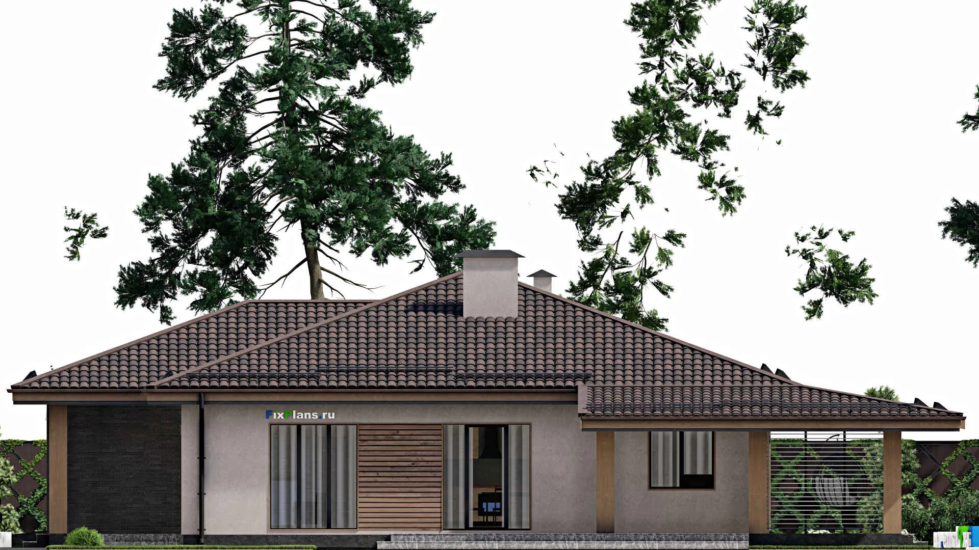 F-6749 - План одноэтажного дома 17 на 20, площадью 220 м² с террасой, гаражом на 2 машины и 3 спальнями