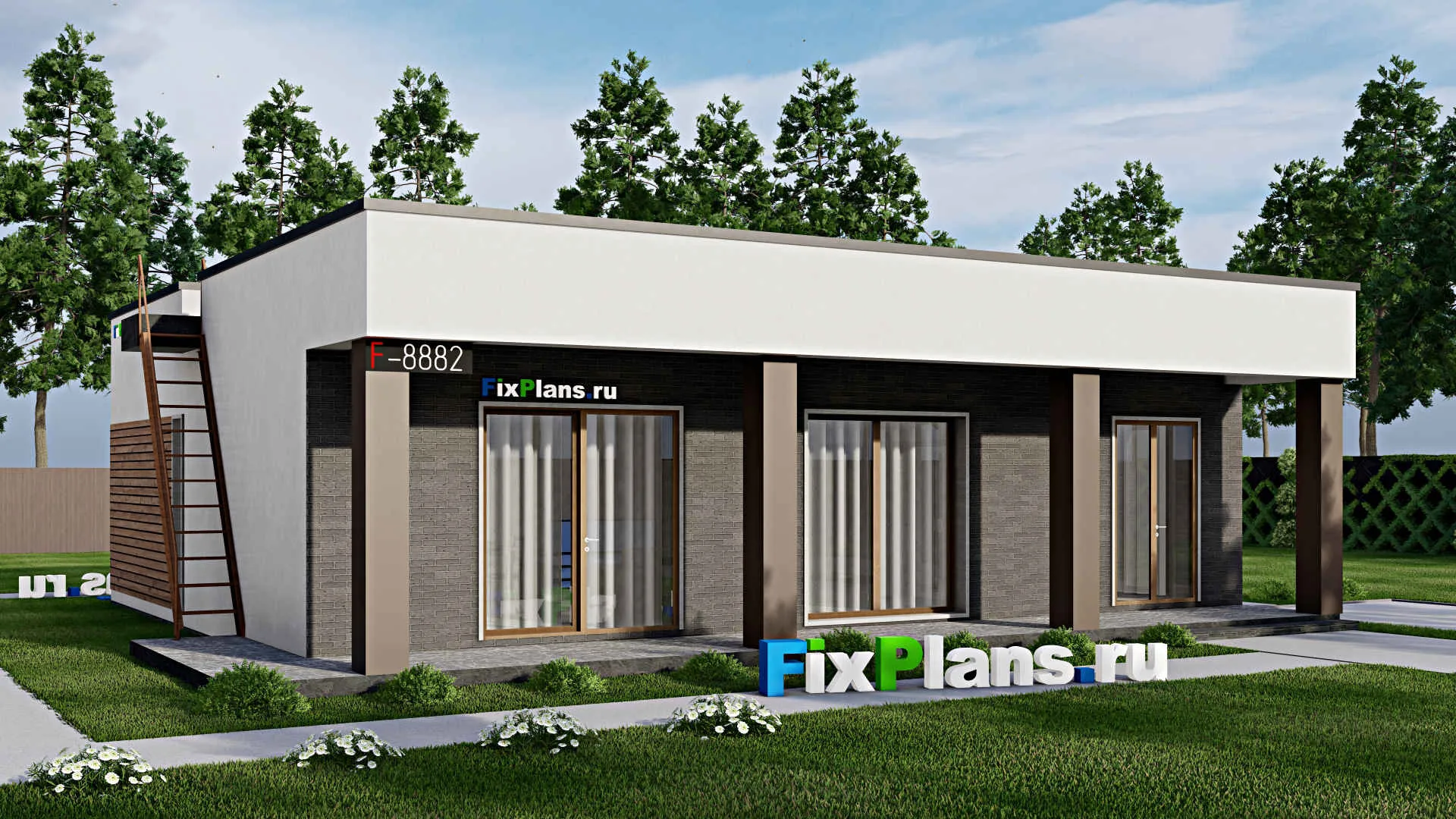 F-8882 - Проект одноэтажного дома 12 на 14, площадью 140 м² с террасой и 2 спальнями