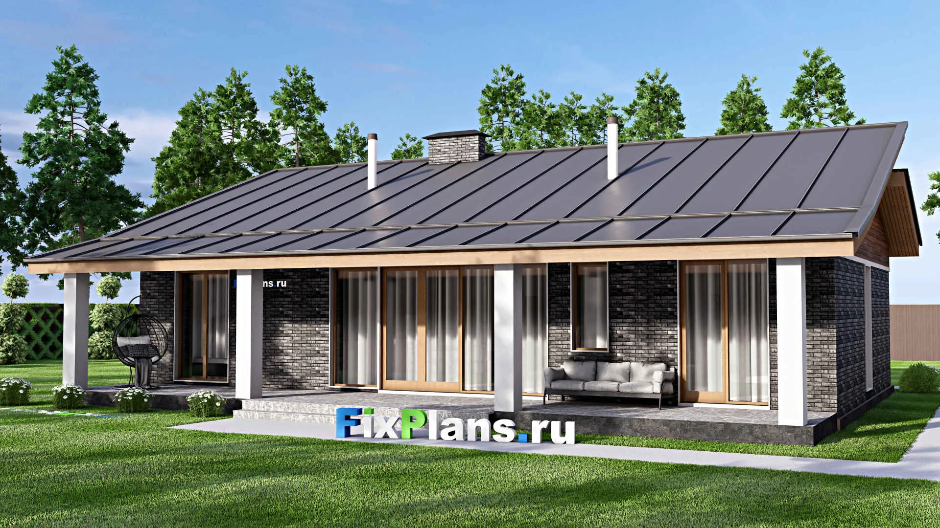 F-16829 - Проект одноэтажного дома 12 на 17, площадью 160 м² с террасой и 3 спальнями