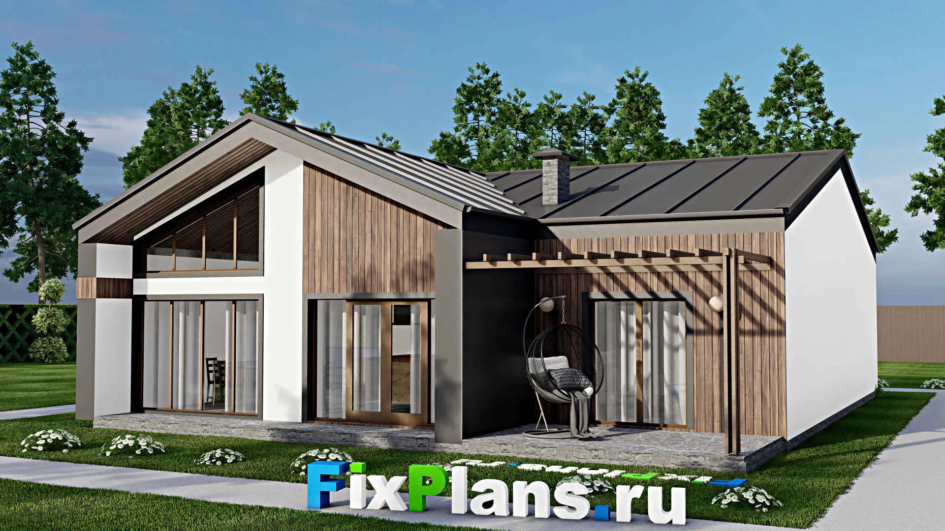 F-10259 - Проект одноэтажного дома 14 на 15, площадью 150 м² с террасой и 3 спальнями