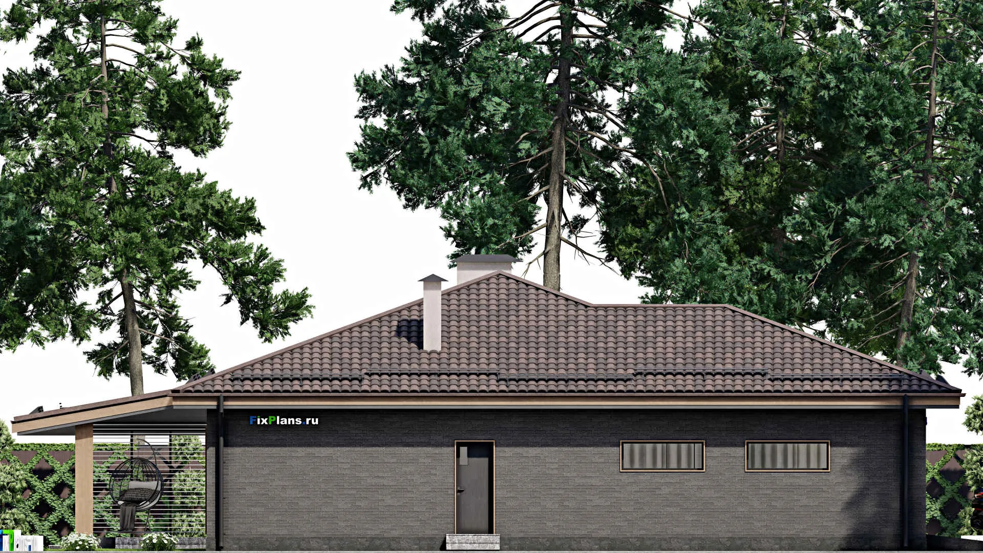 F-6749 - План одноэтажного дома 17 на 20, площадью 220 м² с террасой, гаражом на 2 машины и 3 спальнями