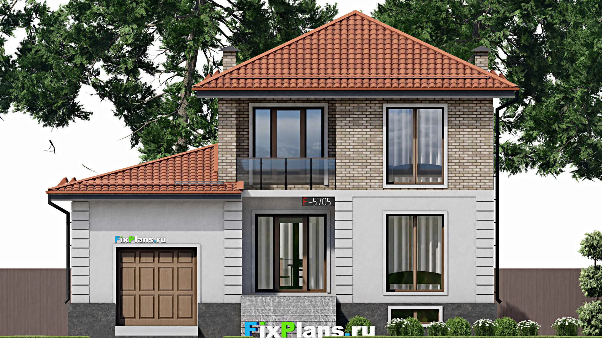 F-5705 - Проект двухэтажного дома 11 на 13, площадью 210 м² с террасой, балконом, цокольным этажом, гаражом на 1 машину и 4 спальнями