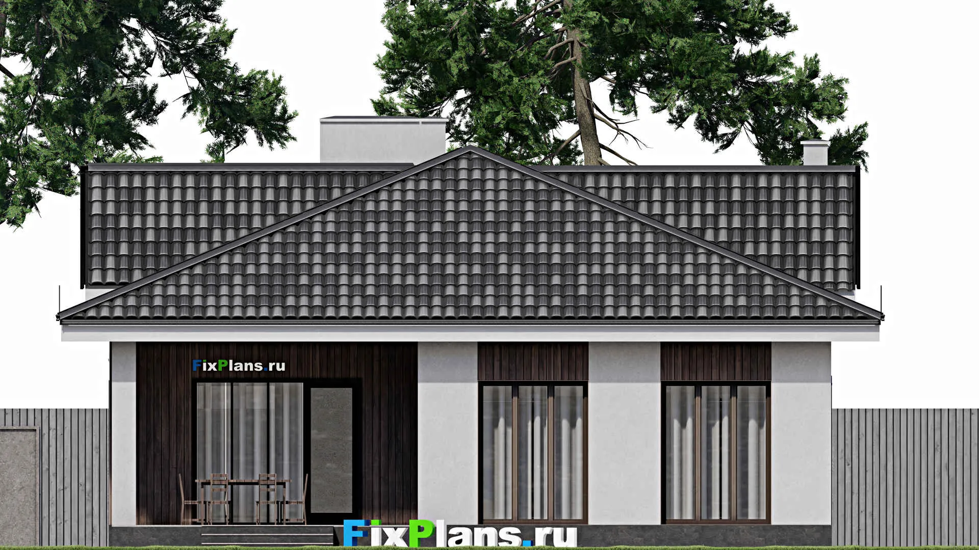 F-1097 - Проект одноэтажного дома 11 на 12, площадью 110 м² с террасой и 3 спальнями