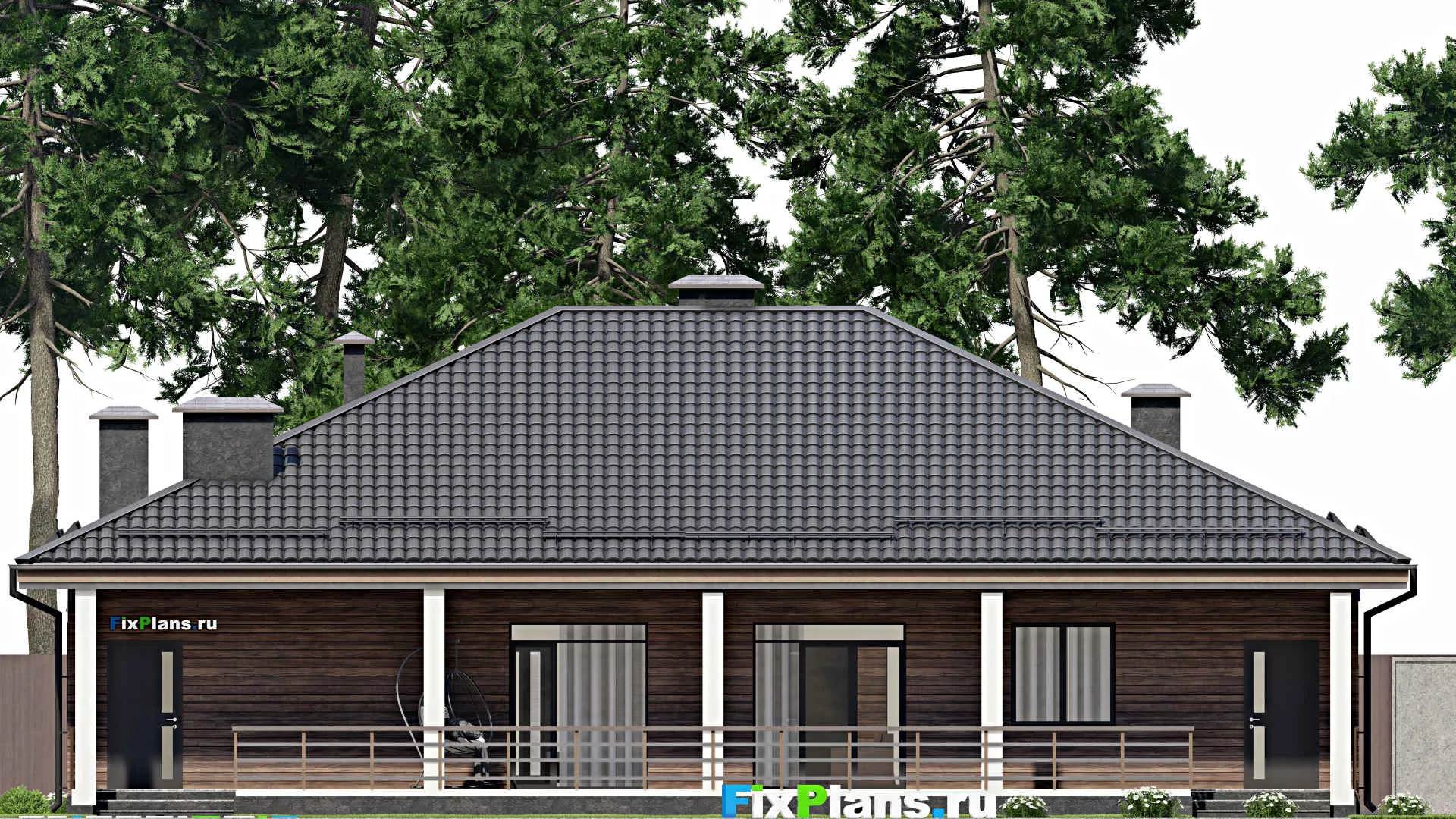 F-5984 - Проект одноэтажного дома 13 на 19, площадью 230 м² с террасой, гаражом на 2 машины и 3 спальнями