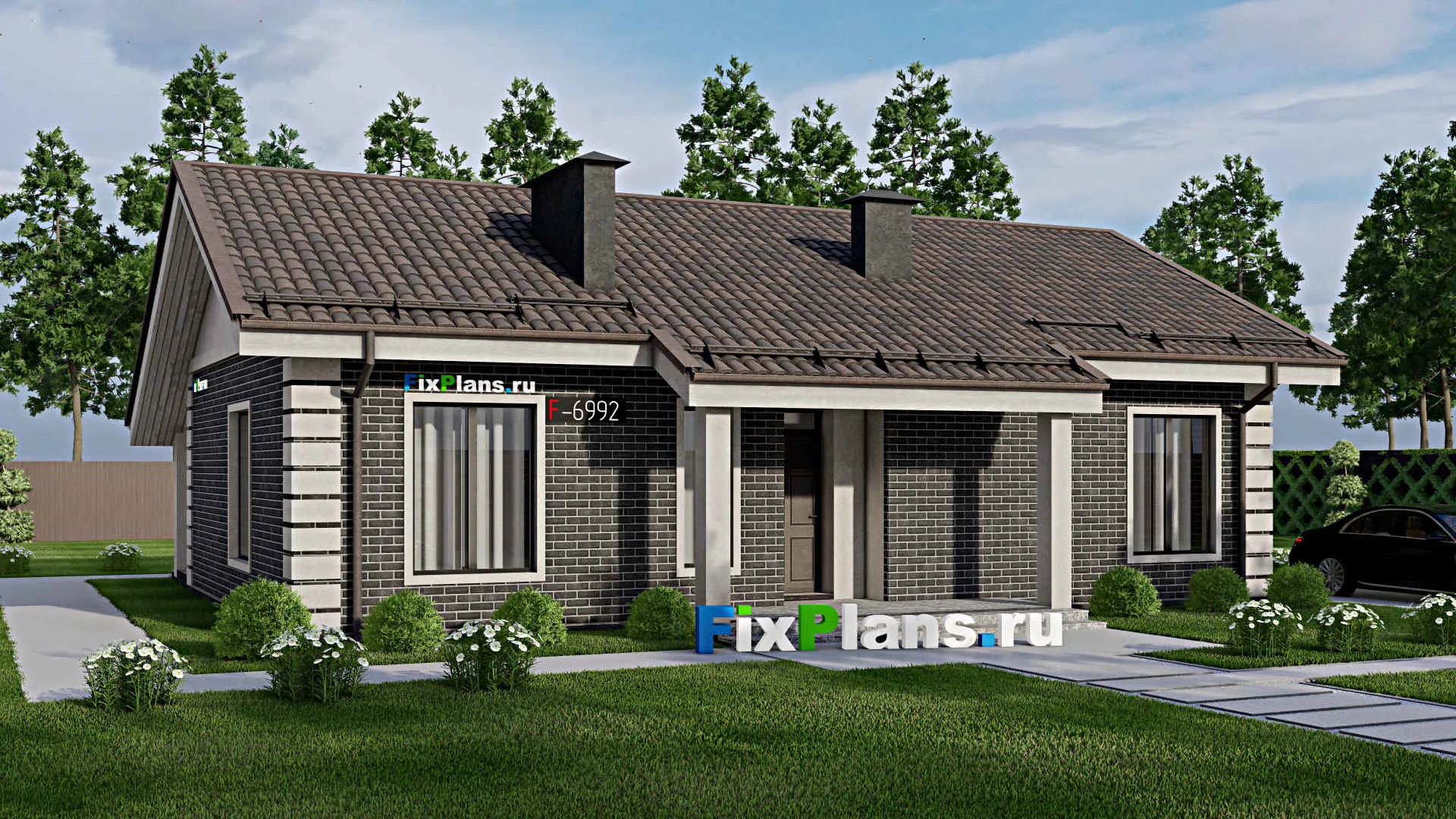 F-6992 - Проект одноэтажного дома 13 на 14, площадью 120 м² с террасой, баней и 3 спальнями