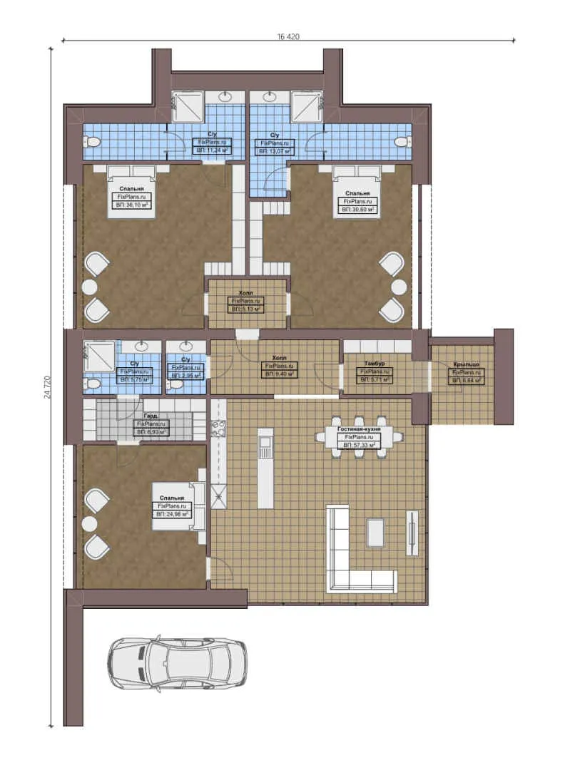 F-0440 - План одноэтажного дома 16 на 25, площадью 220 м² с 3 спальнями