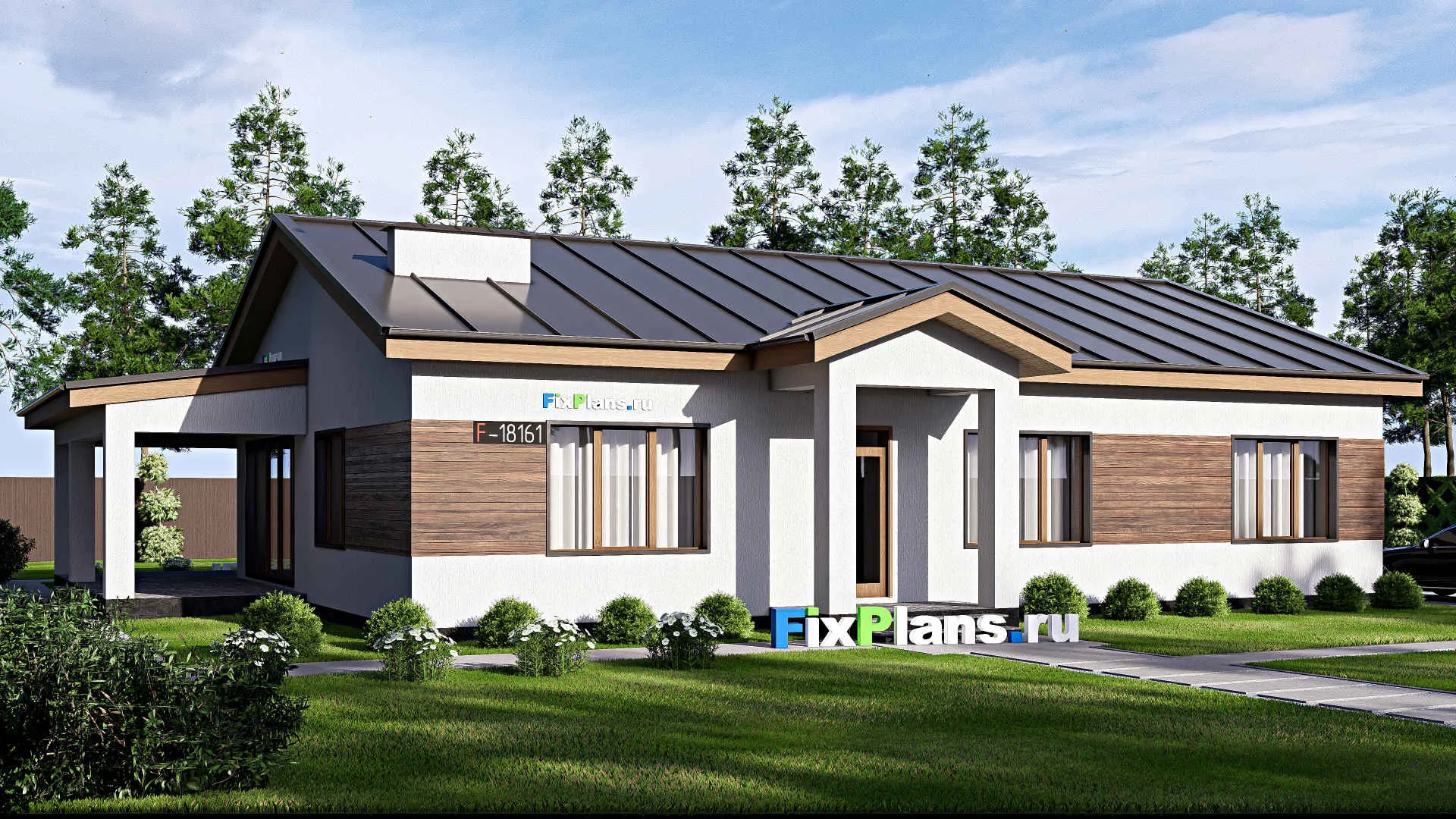 F-18161 - Проект одноэтажного дома 17 на 20, площадью 220 м² с террасой и 3 спальнями