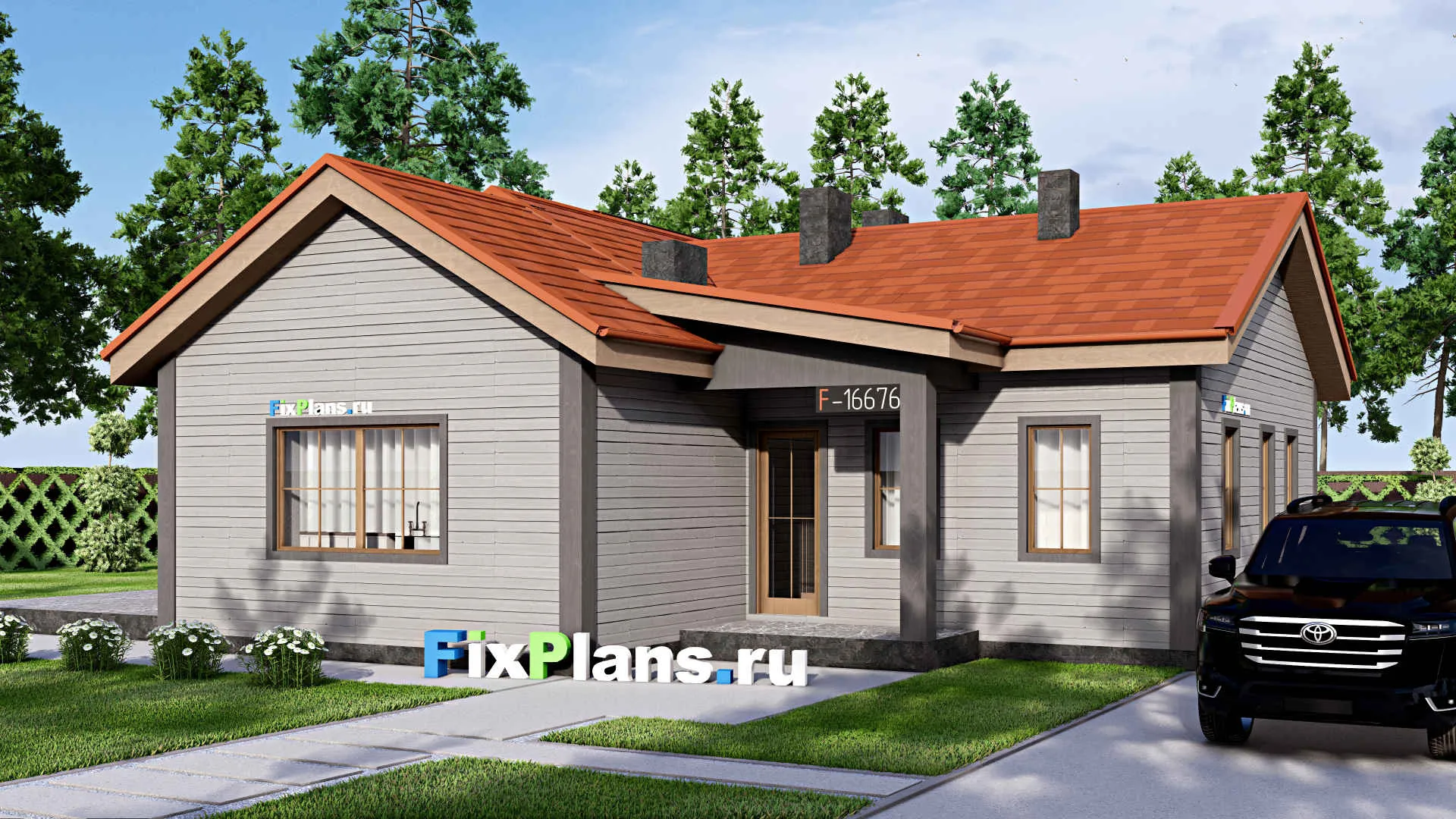 F-16676 - Проект одноэтажного дома 16 на 17, площадью 180 м² с террасой и 2 спальнями