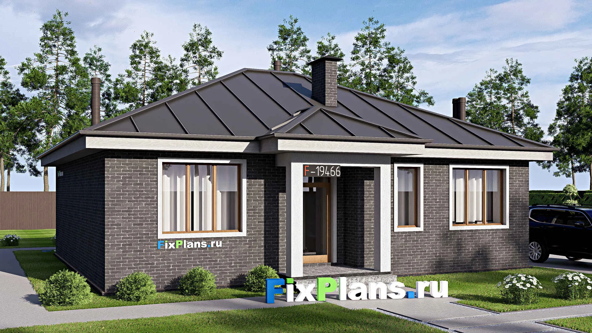 F-19466 - Проект одноэтажного дома 13 на 14, площадью 120 м² с террасой и 3 спальнями