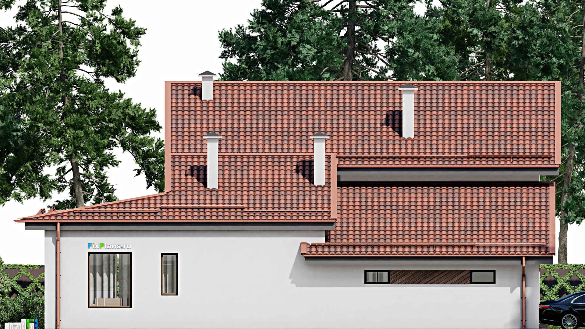 F-9692 - Проект дома с мансардой 16 на 18, площадью 300 м² с террасой, баней, гаражом на 1 машину и 4 спальнями