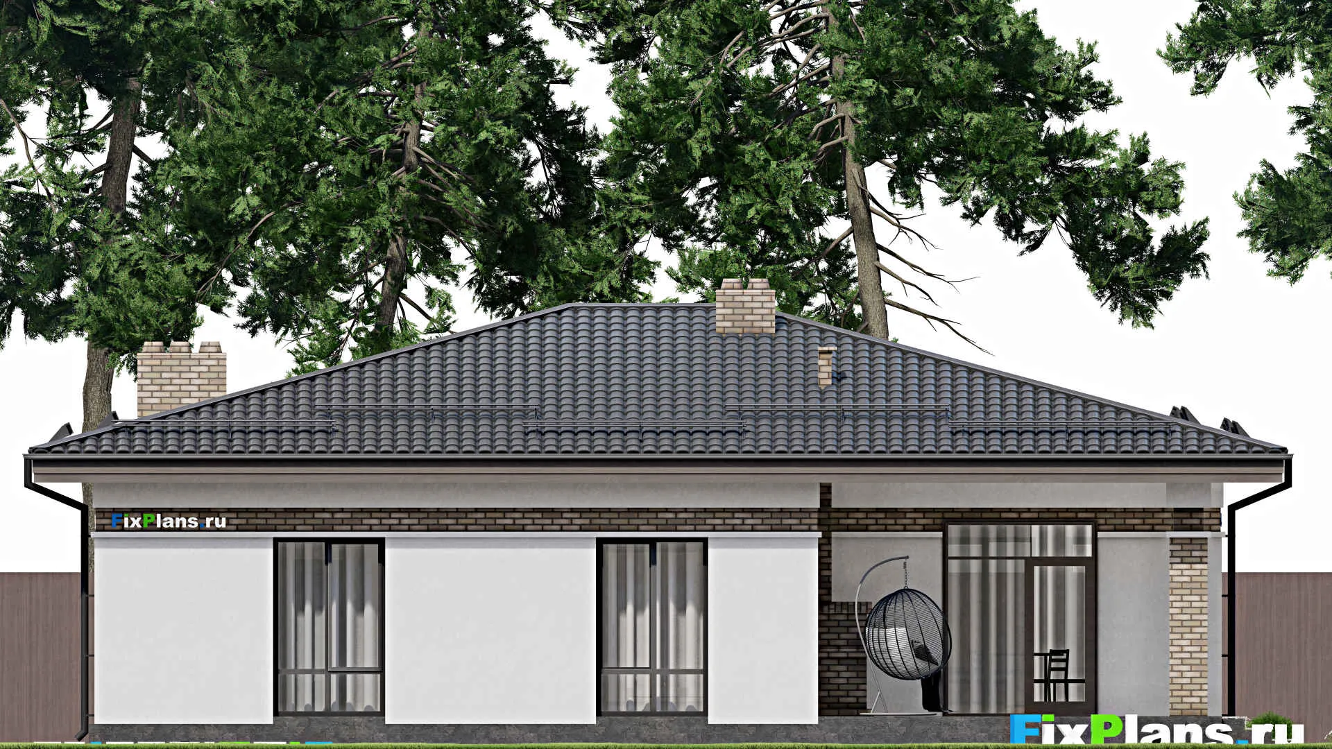 F-2168 - Проект одноэтажного дома 16 на 18, площадью 180 м² с террасой, баней, гаражом на 1 машину и 2 спальнями