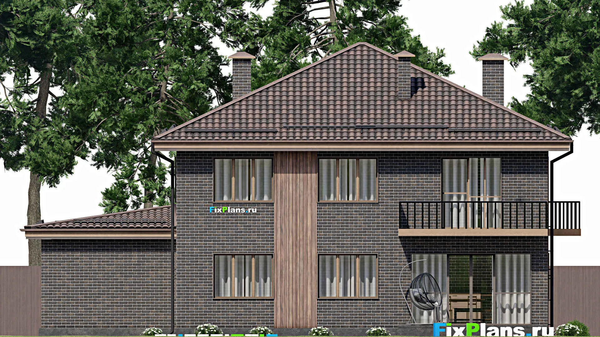 F-4967 - Проект двухэтажного дома 17 на 17, площадью 290 м² с террасой, балконом, гаражом на 2 машины и 7 спальнями