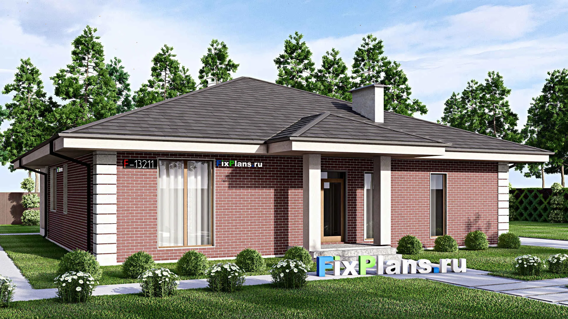 F-13211 - Проект одноэтажного дома 16 на 17, площадью 200 м² с террасой и 3 спальнями