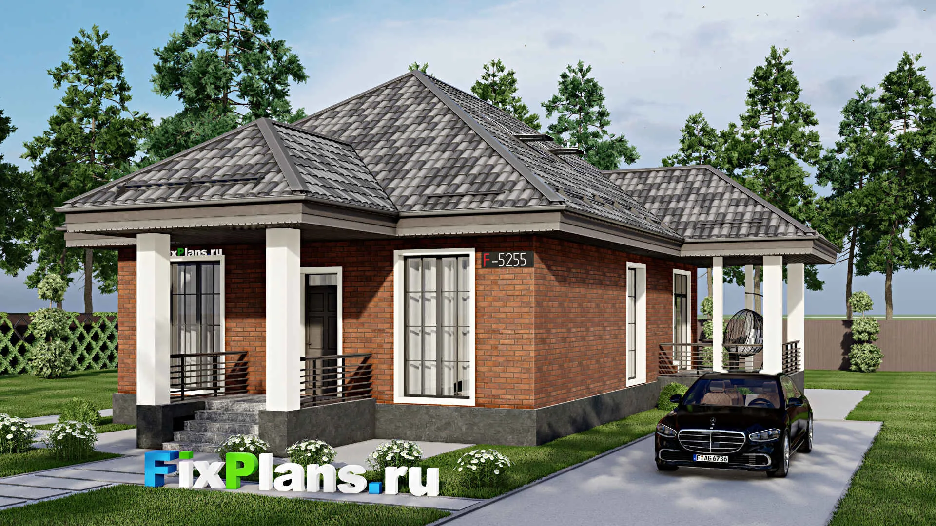 F-5255 - Проект одноэтажного дома 13 на 18, площадью 230 м² с террасой и 4 спальнями