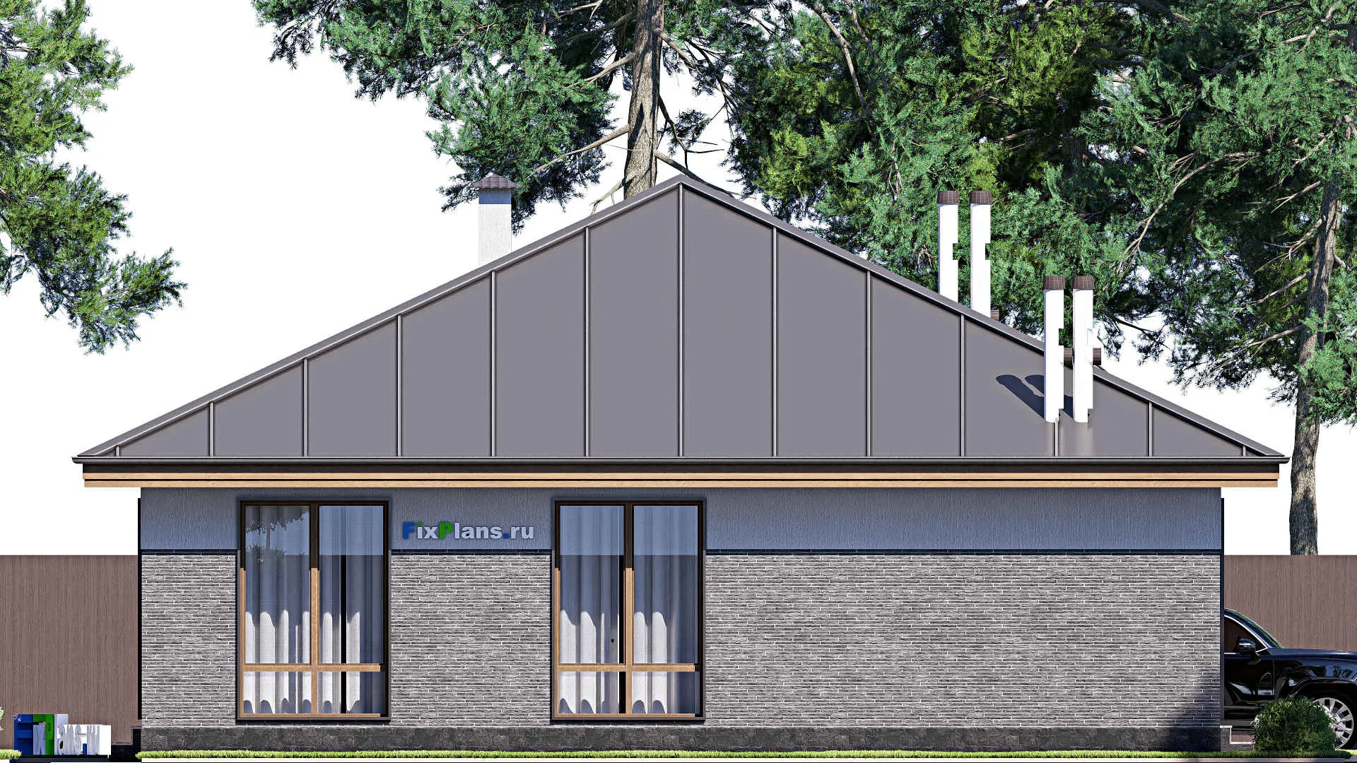 F-18206 - Проект одноэтажного дома 13 на 15, площадью 140 м² с террасой, баней и 3 спальнями