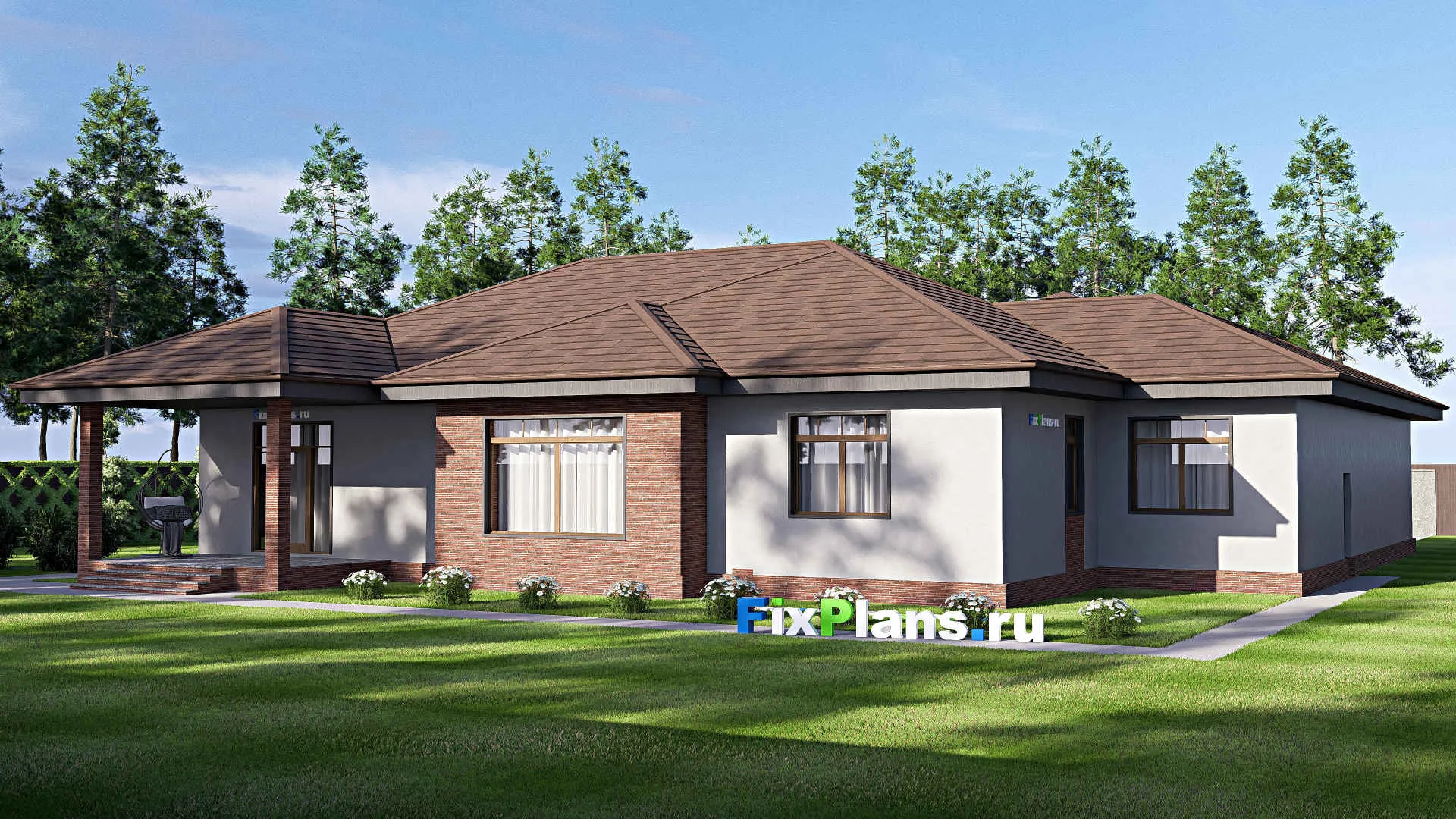 F-18674 - Проект одноэтажного дома 22 на 24, площадью 270 м² с террасой, гаражом на 2 машины и 3 спальнями