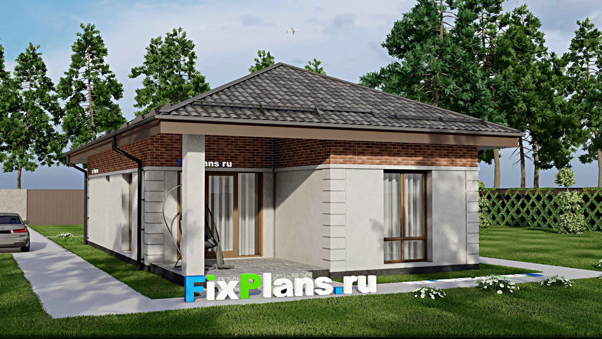 F-7388 - Проект одноэтажного дома 9 на 15, площадью 100 м² с террасой и 2 спальнями