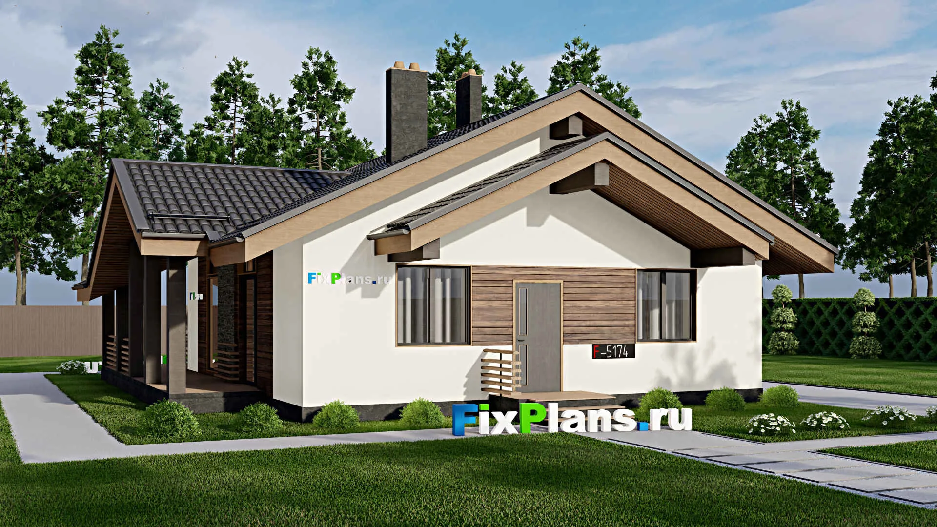 F-5174 - Проект одноэтажного дома 11 на 11, площадью 140 м² с террасой и 1 спальнями
