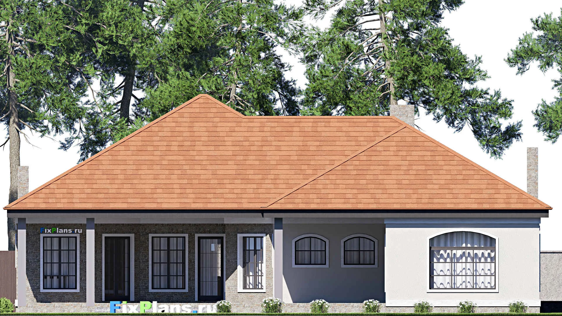 F-17279 - Проект одноэтажного дома 20 на 24, площадью 310 м² с террасой, гаражом на 2 машины и 4 спальнями