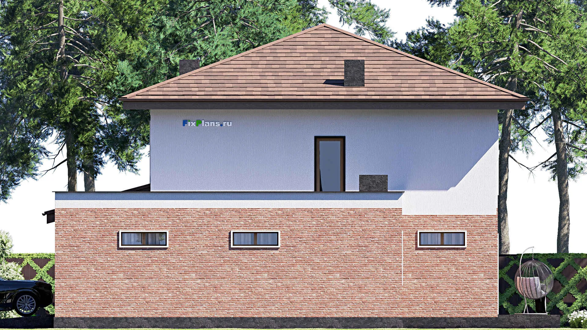 F-18827 - Проект двухэтажного дома 16 на 17, площадью 310 м² с террасой, баней, гаражом на 2 машины и 3 спальнями