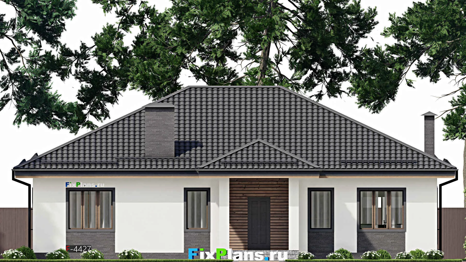 F-4427 - Проект одноэтажного дома 13 на 16, площадью 180 м² с террасой и 4 спальнями