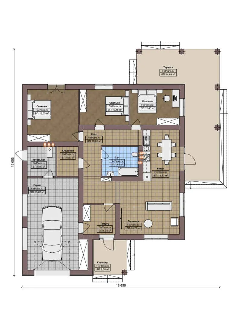 F-6749 - План одноэтажного дома 17 на 20, площадью 220 м² с террасой, гаражом на 2 машины и 3 спальнями