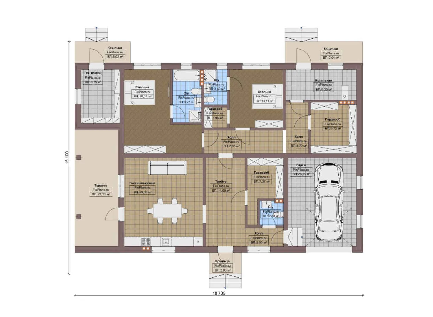 F-12473 - План одноэтажного дома 16 на 19, площадью 210 м² с террасой, гаражом на 1 машину и 2 спальнями