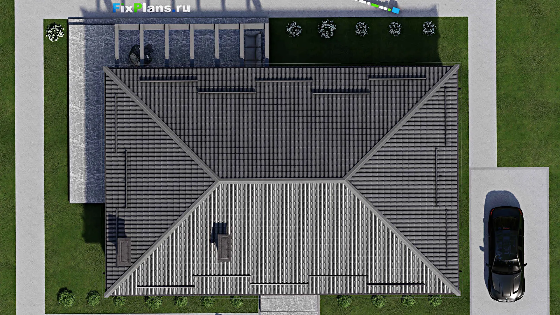 F-3968 - Проект одноэтажного дома 11 на 18, площадью 200 м² с террасой и 3 спальнями