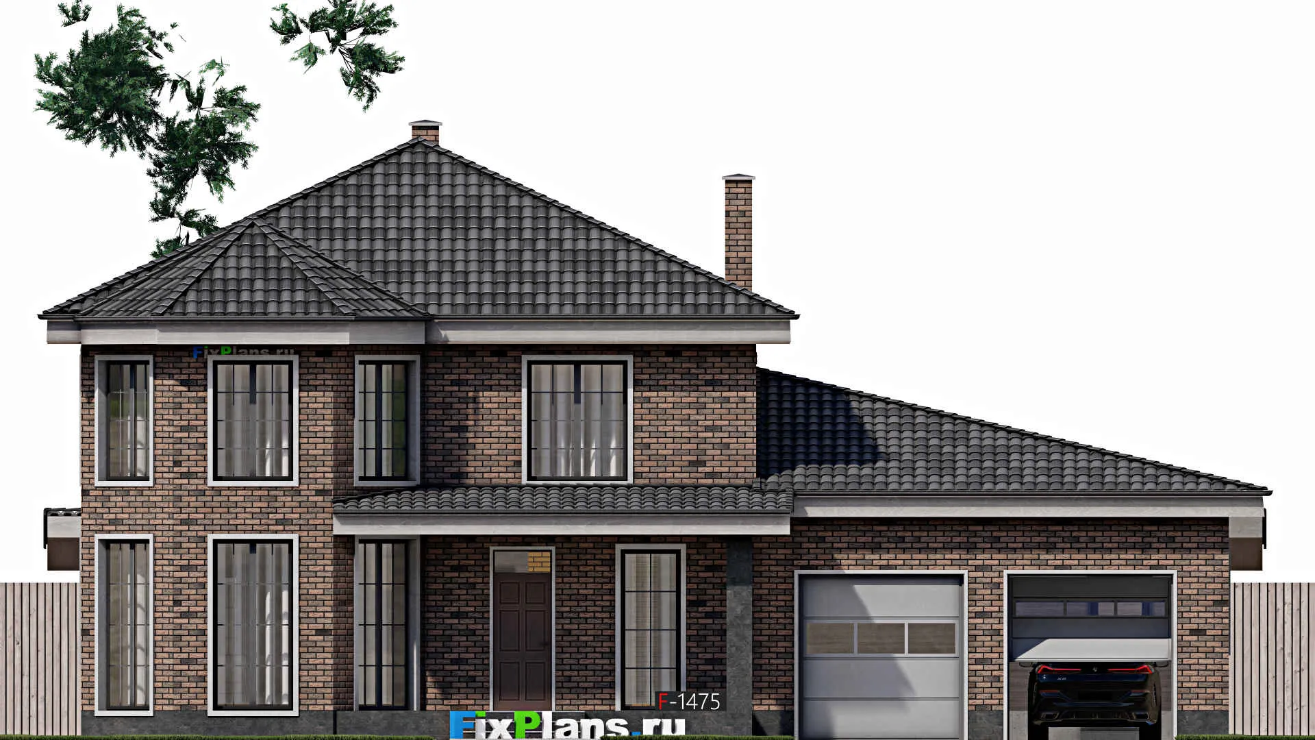 F-1475 - Проект двухэтажного дома 12 на 17, площадью 280 м² с террасой, гаражом на 2 машины и 3 спальнями