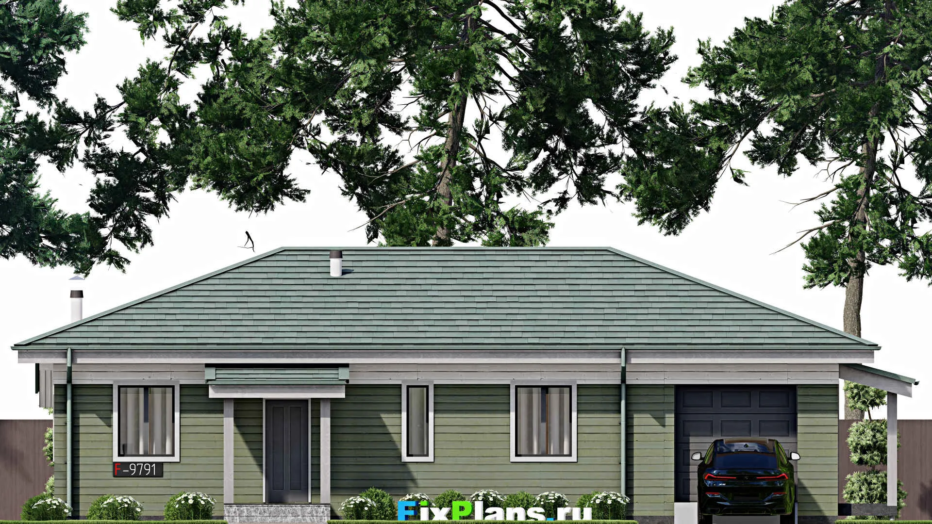 F-9791 - Проект одноэтажного дома 13 на 18, площадью 160 м² с террасой, гаражом на 1 машину и 2 спальнями