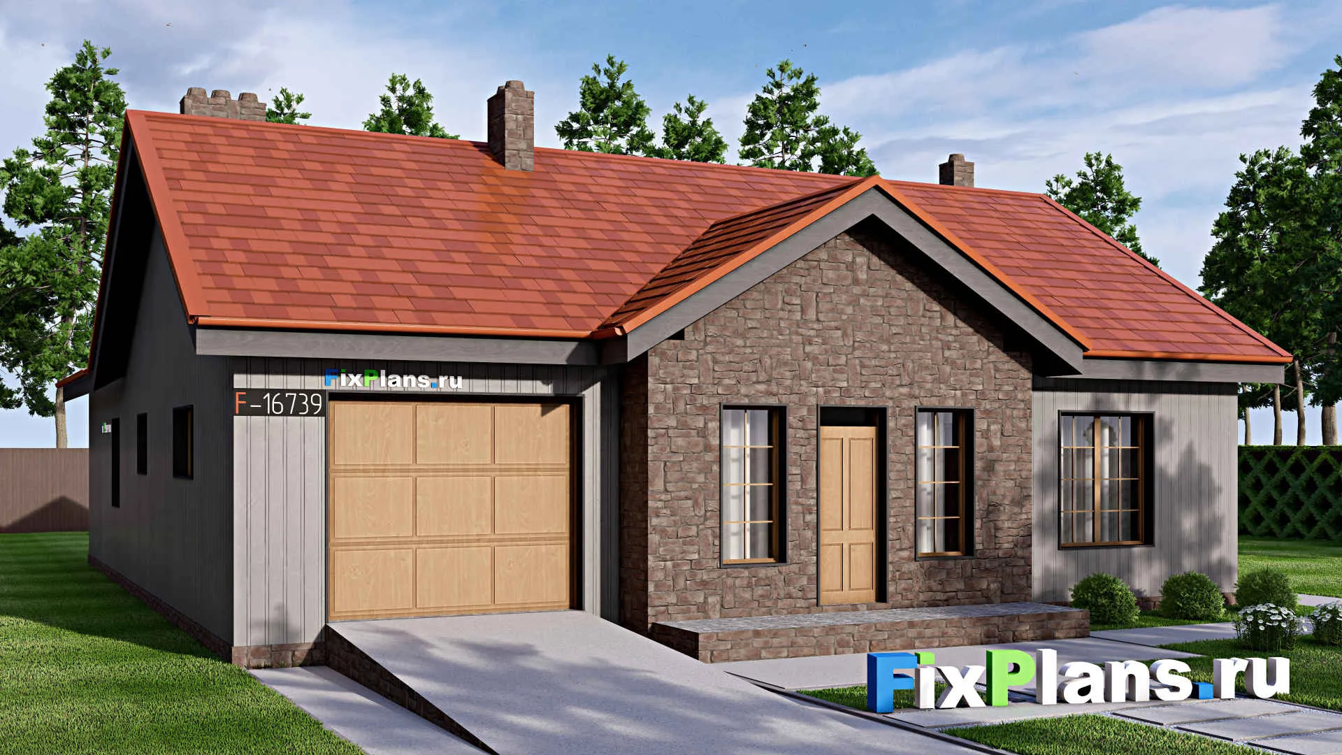 F-16739 - Проект одноэтажного дома 15 на 18, площадью 170 м² с террасой, гаражом на 1 машину и 3 спальнями