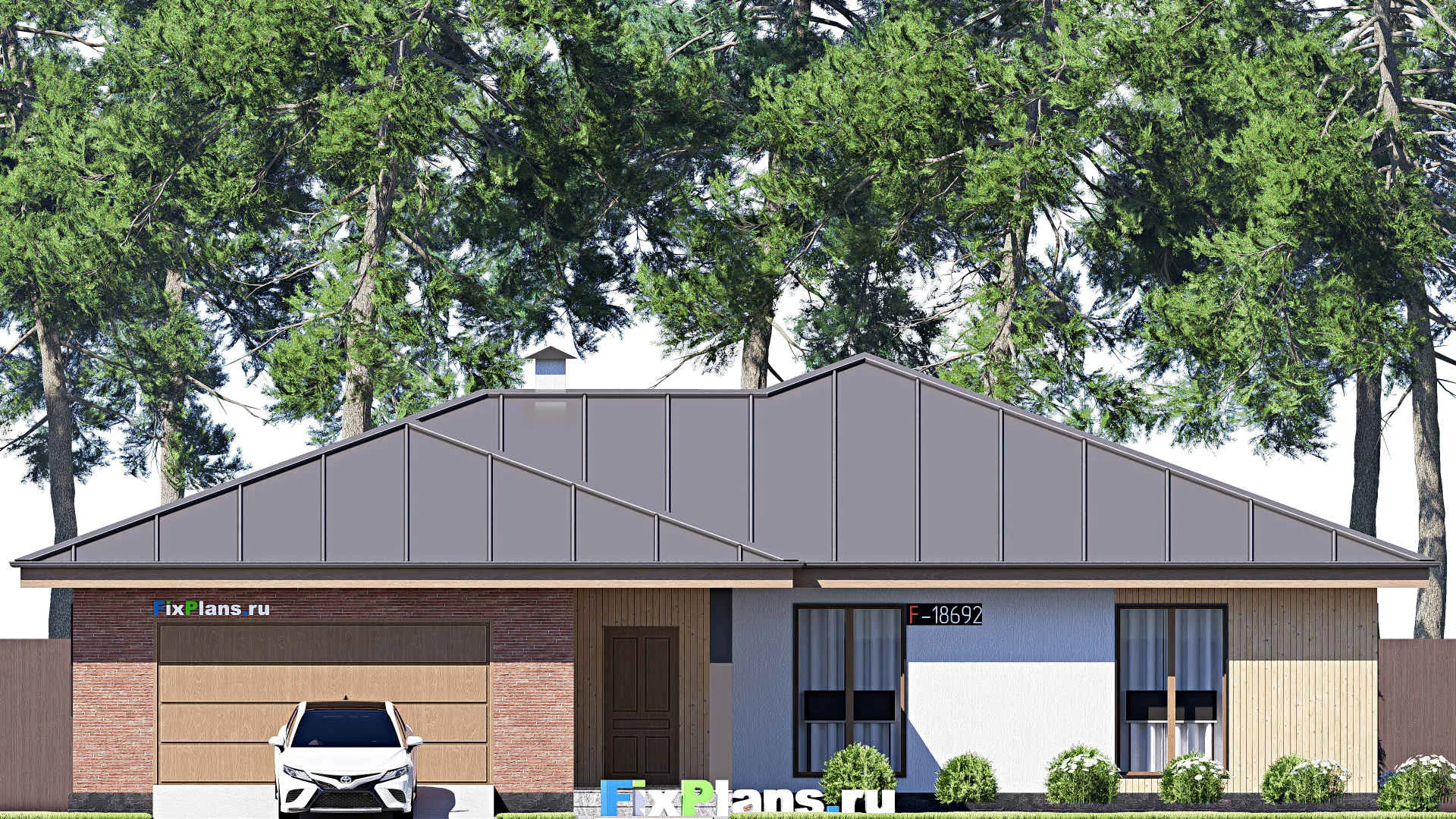 F-18692 - Проект одноэтажного дома 18 на 23, площадью 260 м² с террасой, баней, гаражом на 2 машины и 4 спальнями