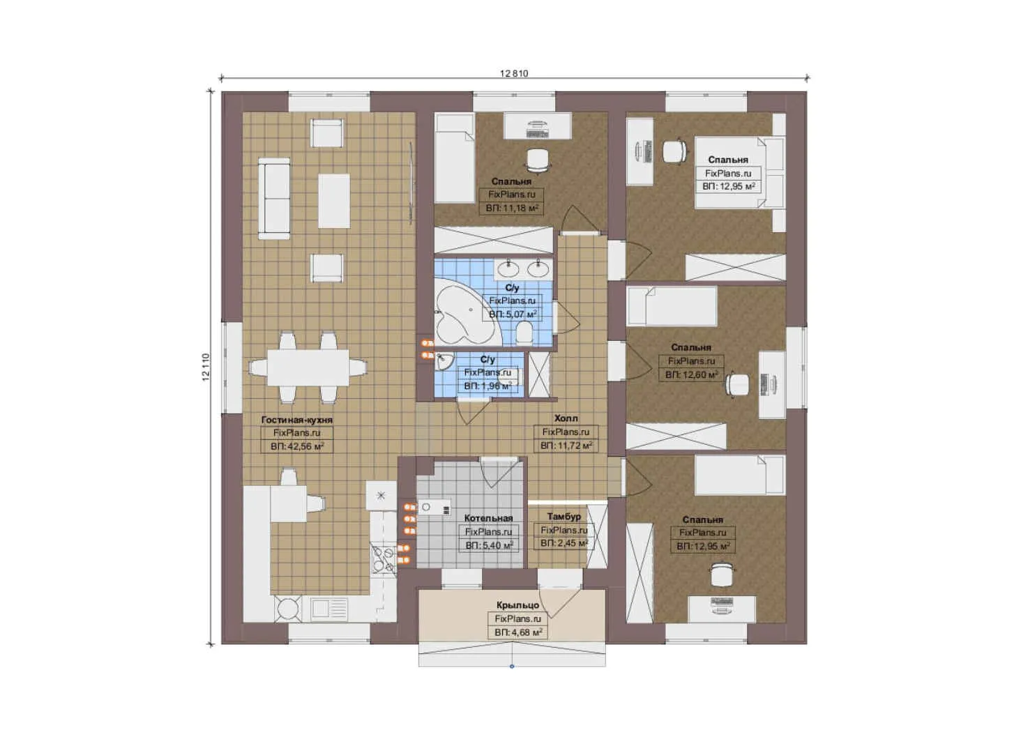 F-14057 - План одноэтажного дома 13 на 13, площадью 130 м² с 4 спальнями