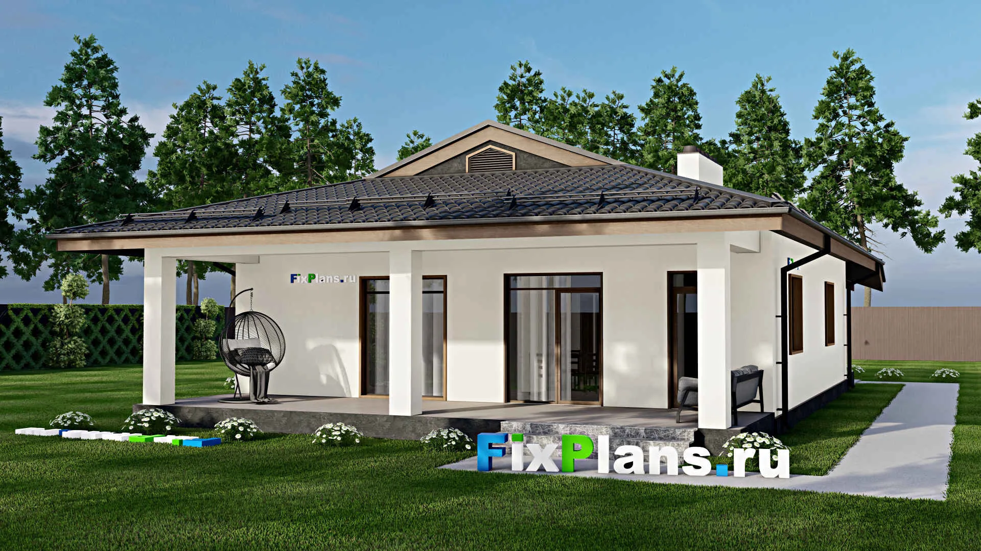 F-4922 - Проект одноэтажного дома 11 на 13, площадью 150 м² с террасой и 2 спальнями