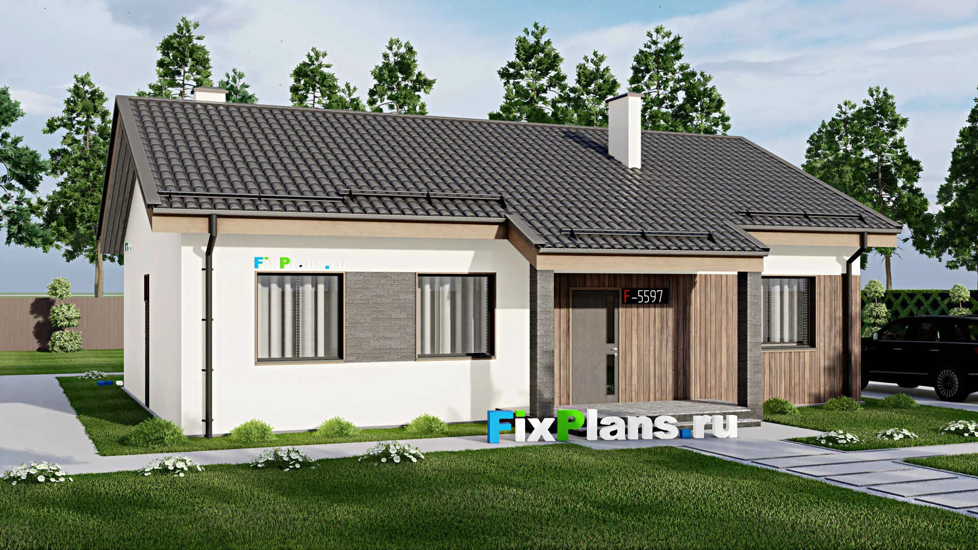 F-5597 - Проект одноэтажного дома 10 на 14, площадью 140 м² с террасой и 3 спальнями