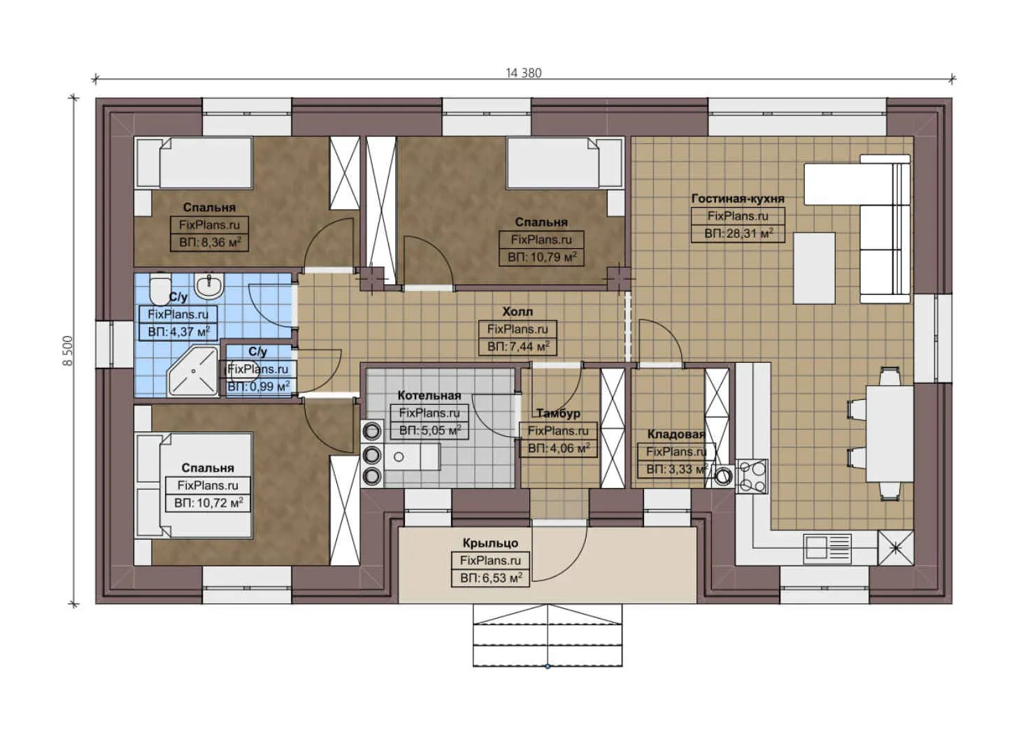 F-3320 - План одноэтажного дома 9 на 15, площадью 90 м² с 3 спальнями