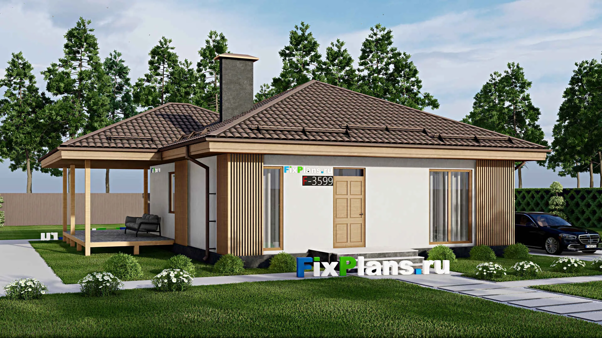 F-3599 - Проект одноэтажного дома 11 на 16, площадью 130 м² с гаражом на 2 машины и 2 спальнями