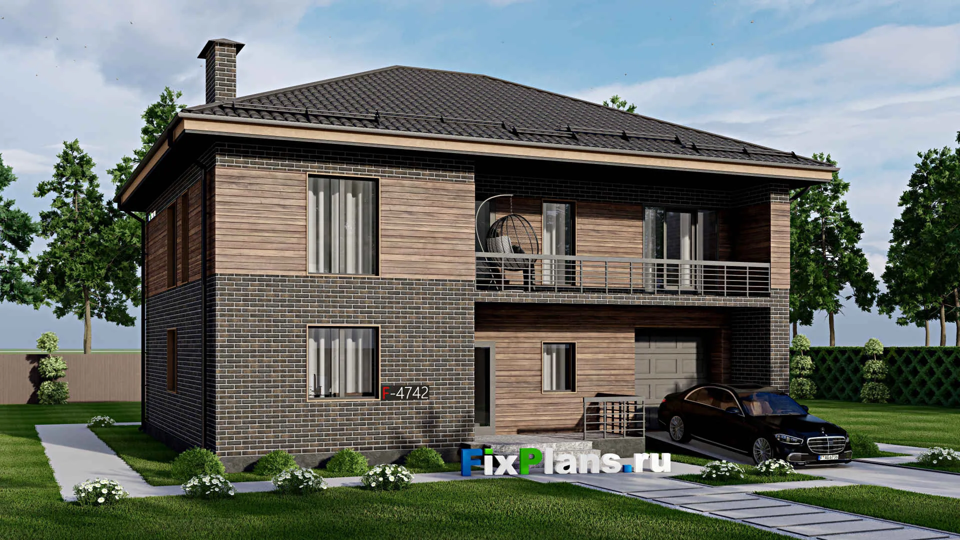 F-4742 - Проект двухэтажного дома 11 на 14, площадью 230 м² с балконом, гаражом на 1 машину и 4 спальнями