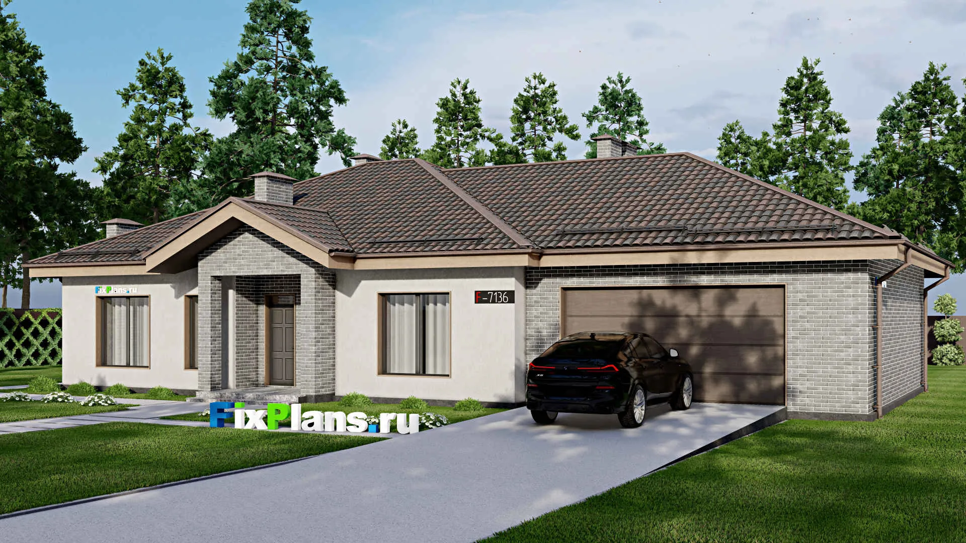 F-7136 - Проект одноэтажного дома 15 на 22, площадью 220 м² с террасой, баней, гаражом на 2 машины и 3 спальнями