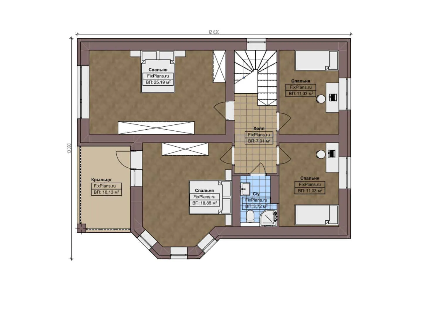 F-1592i - Планы дома с мансардой 11 на 15, площадью 210 м² с террасой и 5 спальнями