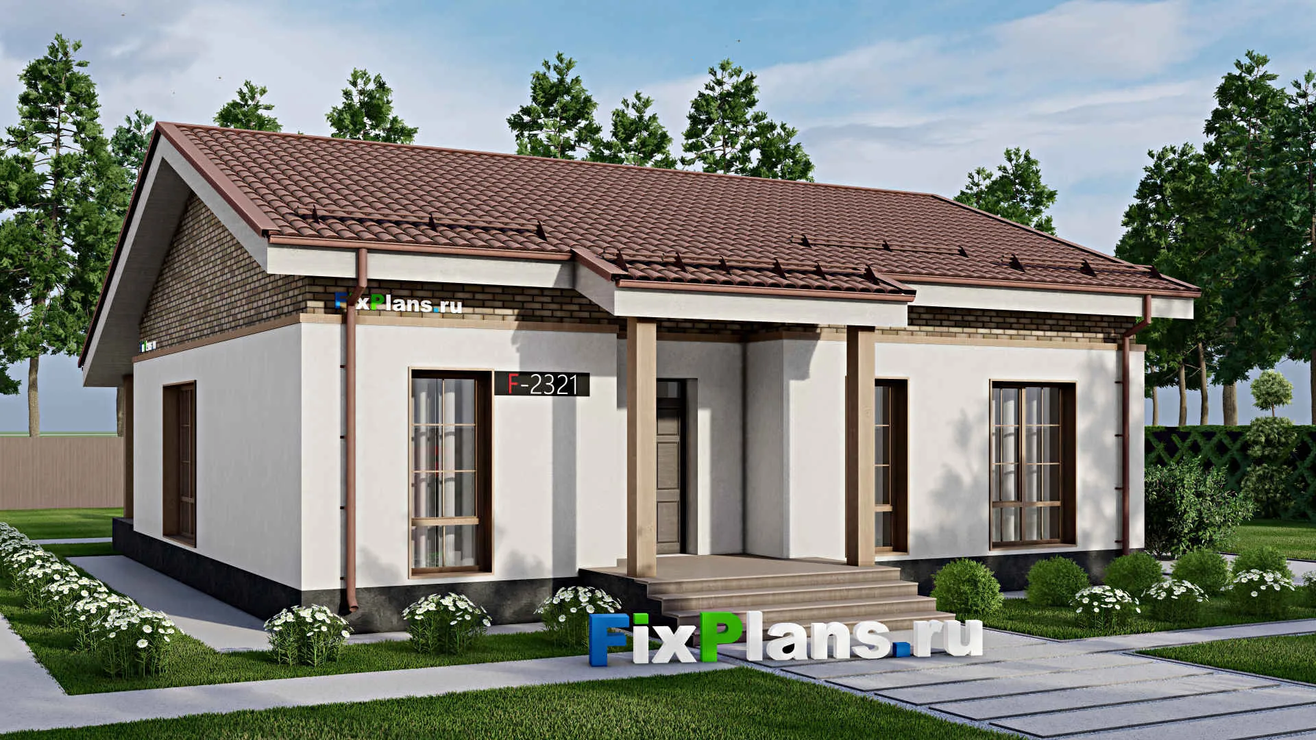 F-2321 - Проект одноэтажного дома 12 на 13, площадью 140 м² с террасой и 3 спальнями