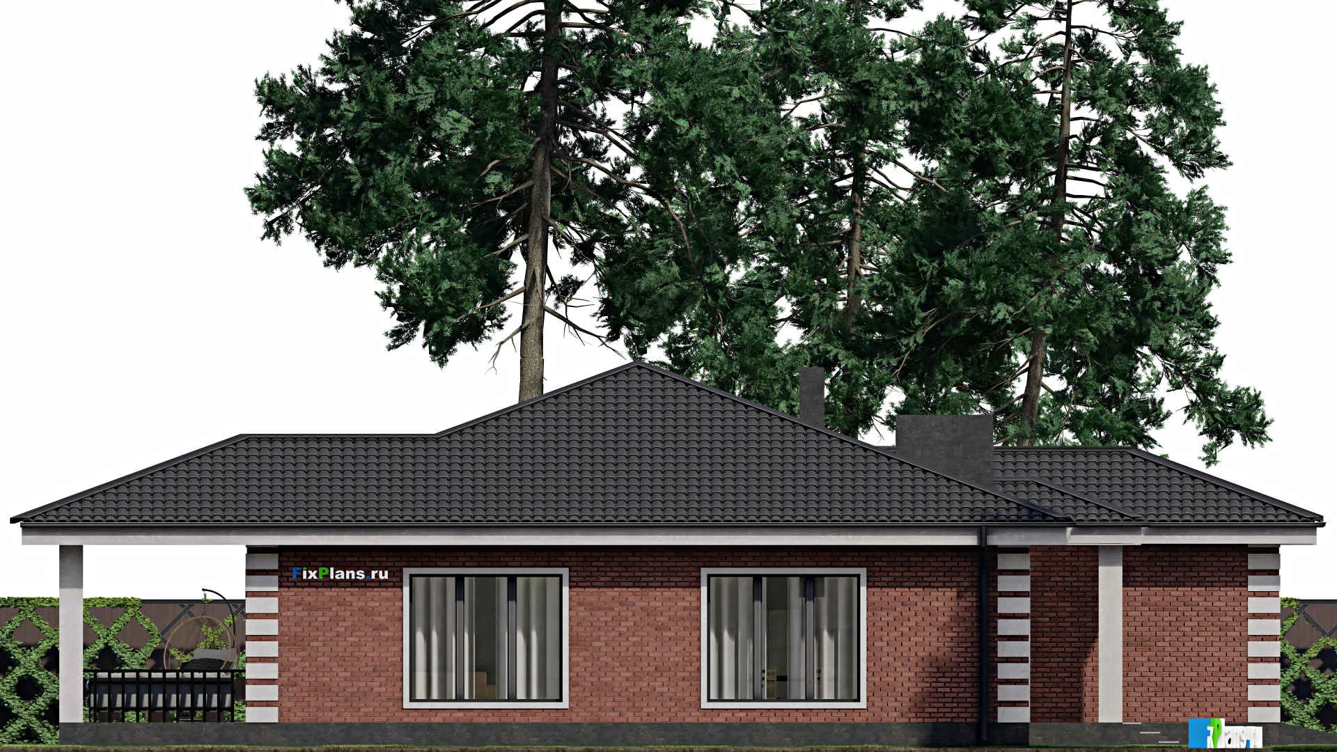 F-1718 - Проект одноэтажного дома 13 на 17, площадью 160 м² с террасой, гаражом на 1 машину и 2 спальнями