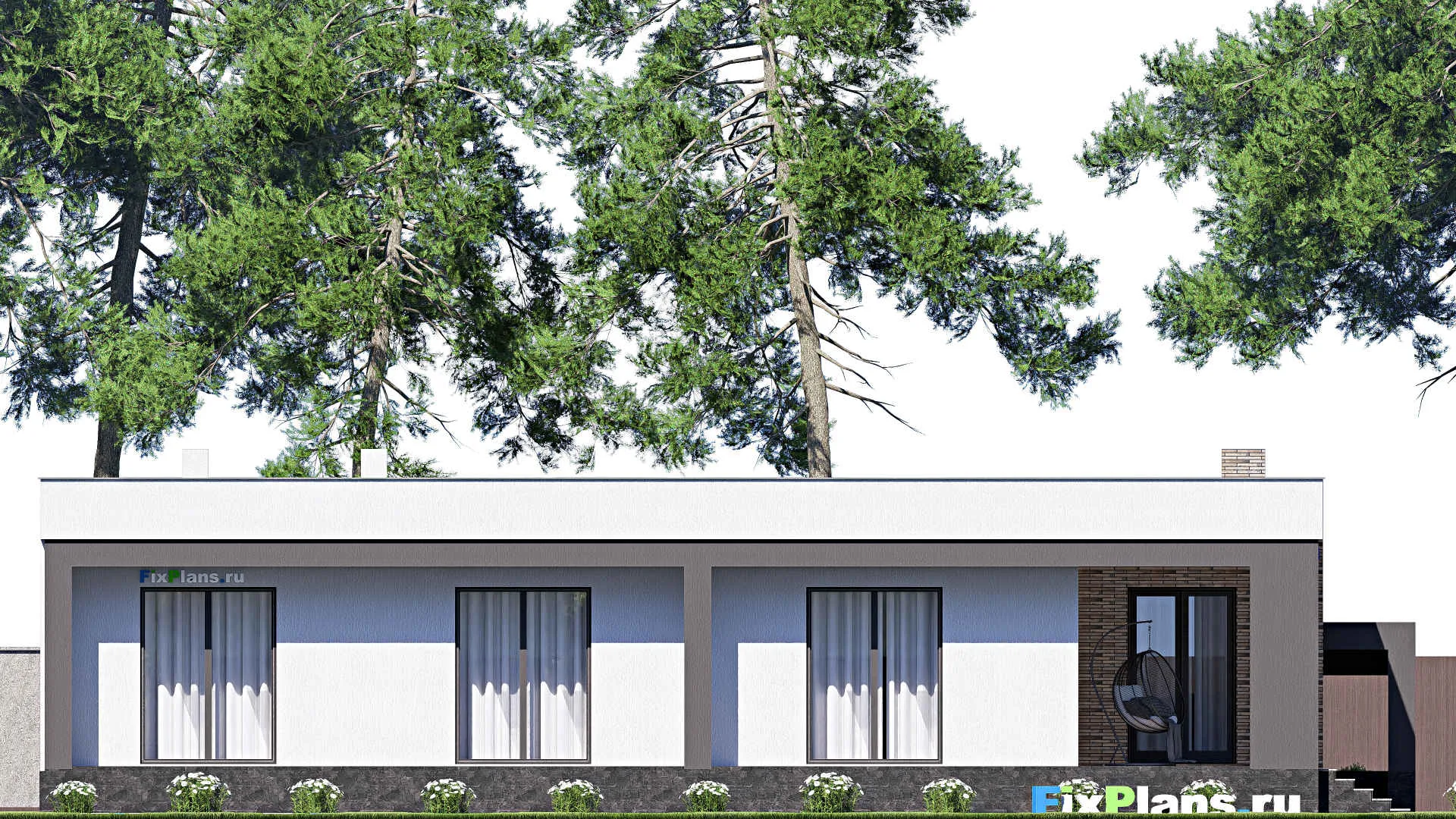 F-19061 - Проект одноэтажного дома 20 на 21, площадью 370 м² с террасой, цокольным этажом, гаражом на 2 машины и 3 спальнями