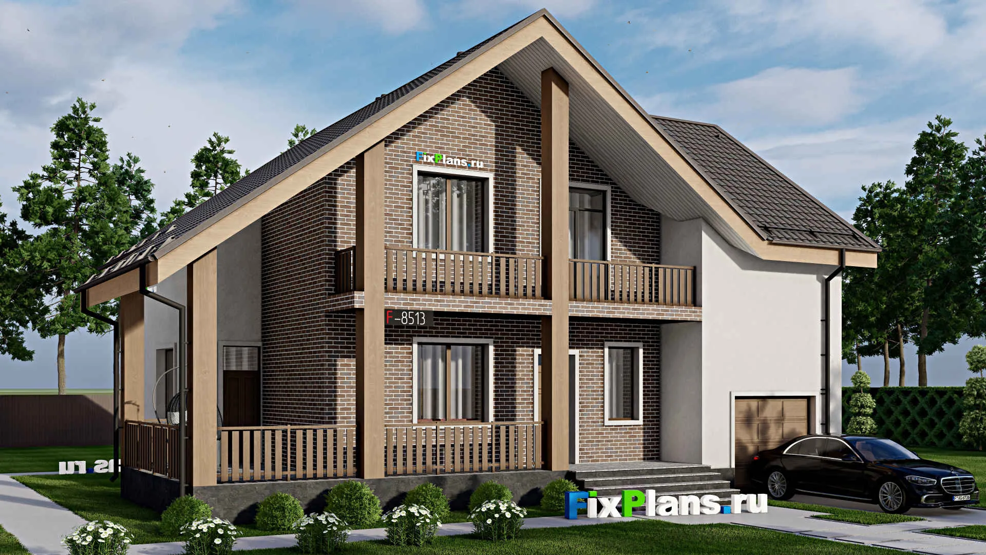 F-8513 - Проект дома с мансардой 13 на 16, площадью 250 м² с террасой, балконом, гаражом на 1 машину и 6 спальнями